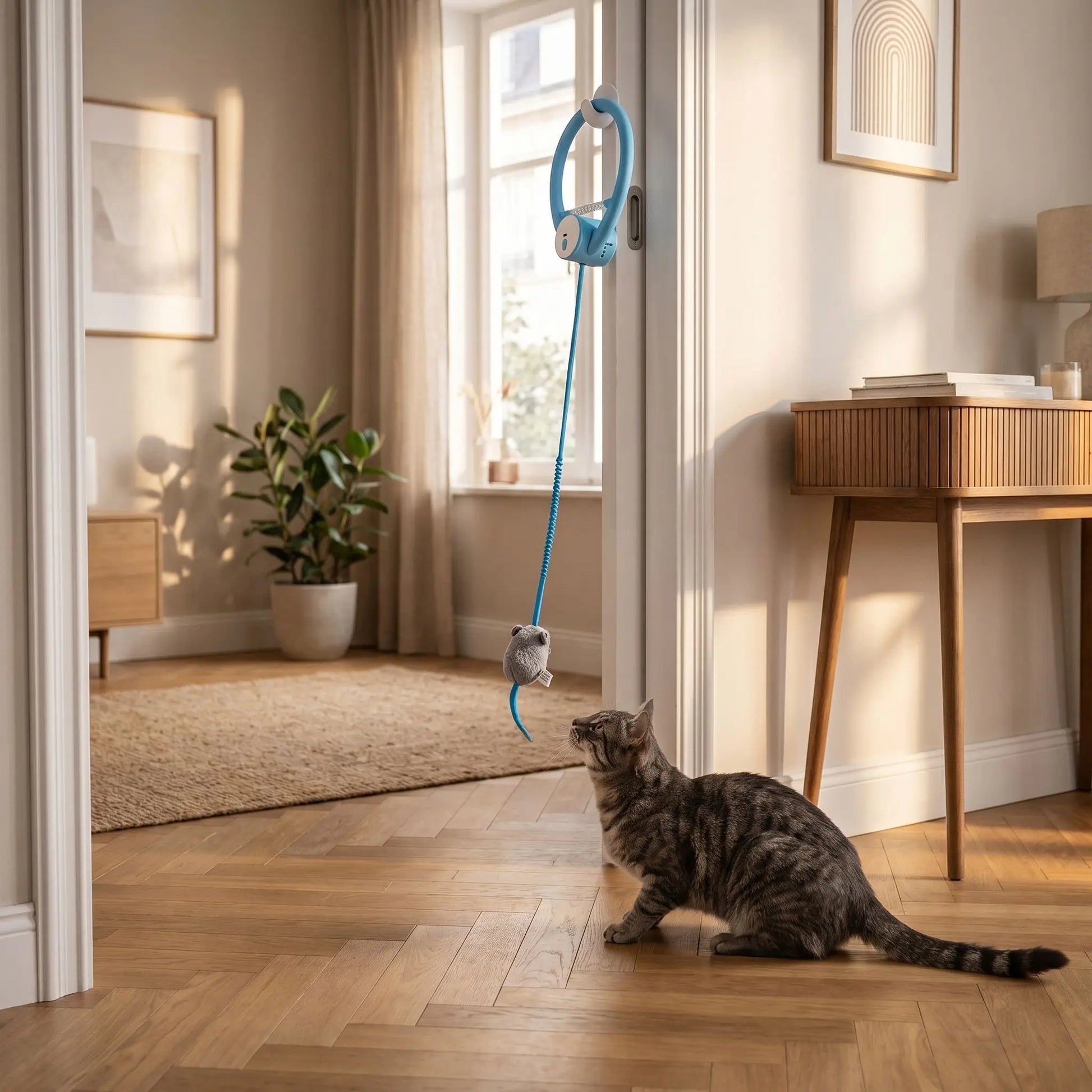 chat tigré en position de chasse fixant son jouet interactif pour chat