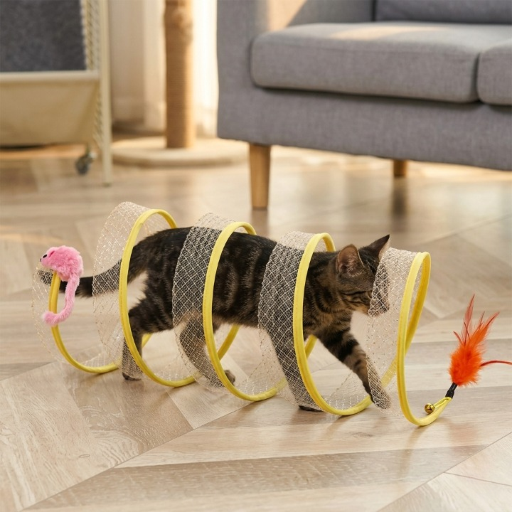 chat traversant son tunnel spiralé à l'intérieur de son jouet pour chat