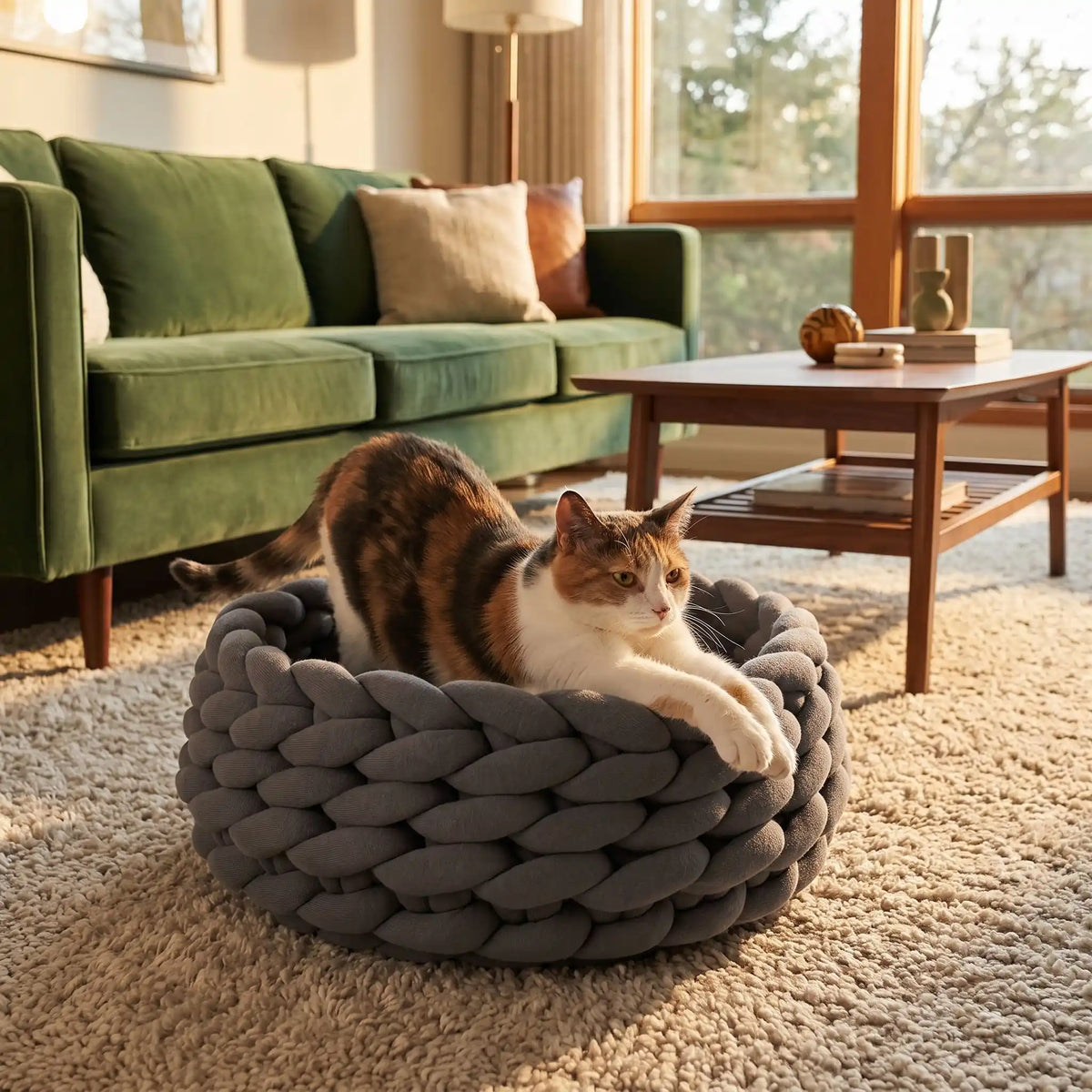 Panier chat gris foncé avec chat tricolore qui s'étire