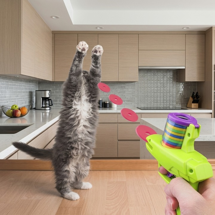 chaton debout dans cuisine attrapant des disques roses jouets pour les chats