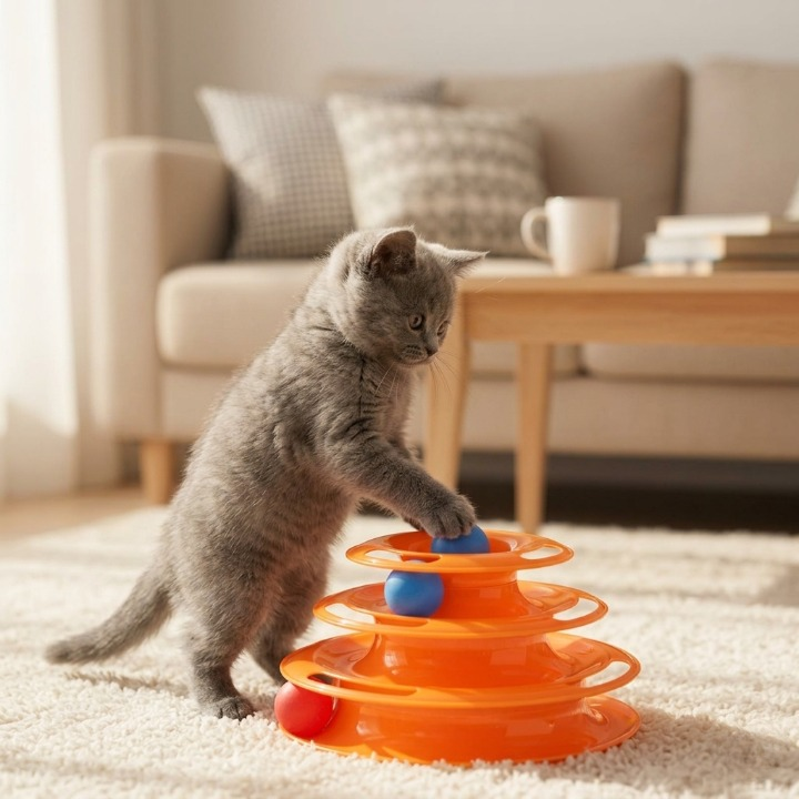 Chaton gris debout jouant avec son jouet pour chat orange