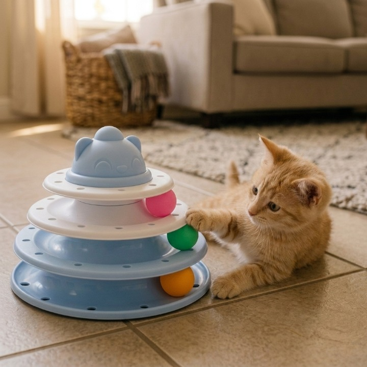 chaton roux découvrant la tour bleue jouets pour chats