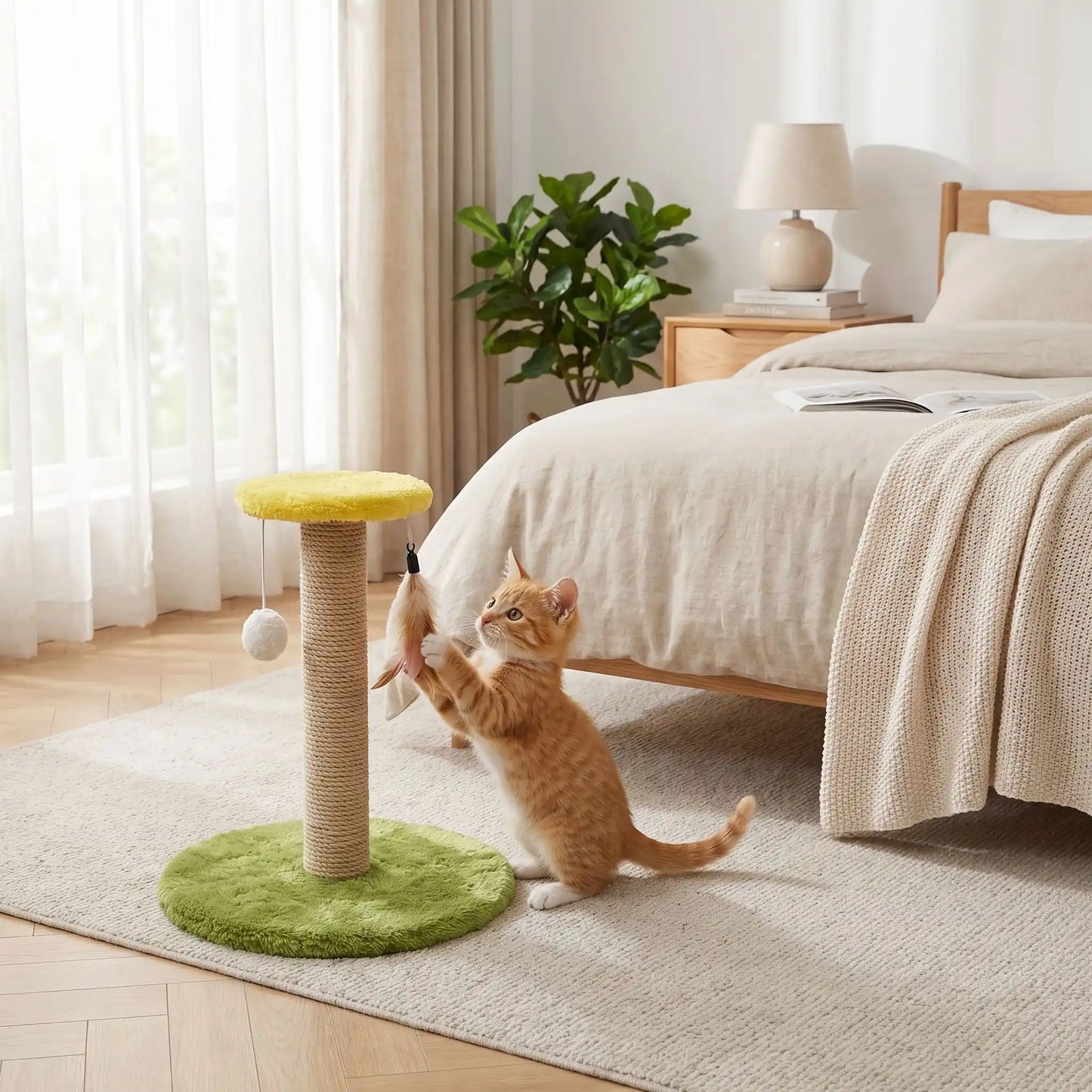 chaton roux grattoir pour chat vert chambre lumineux