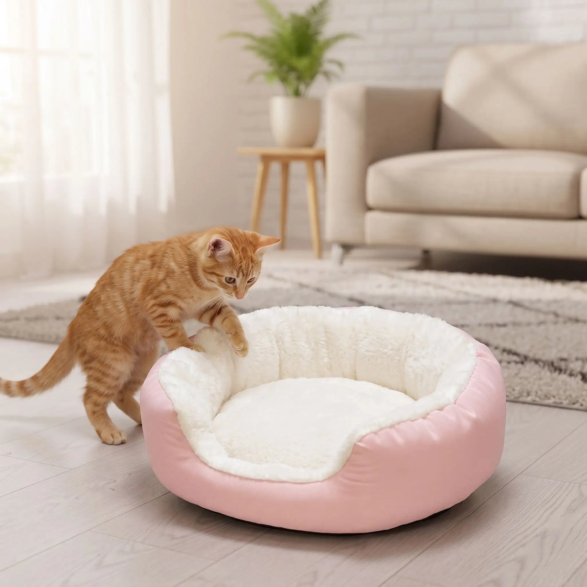 Panier pour chat rose avec chaton roux qui touche