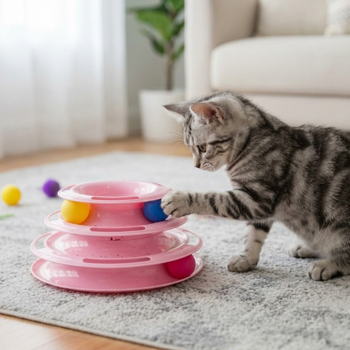 Chaton tigré attrapant la balle de son jouet pour chat rose