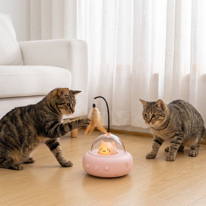 deux chats jouant ensemble autour du jouet pour chat