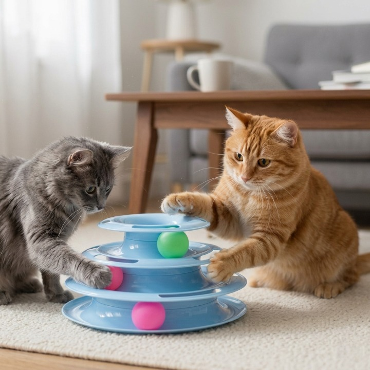Chats gris et roux jouant ensemble avec leur jouet pour chat bleu