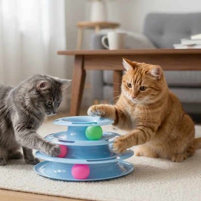 Chats gris et roux jouant ensemble avec leur jouet pour chat bleu