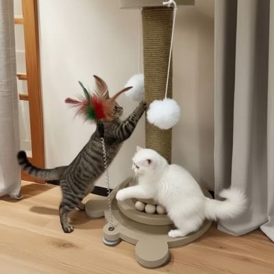 Deux chats jouant avec un griffoir pour chat        