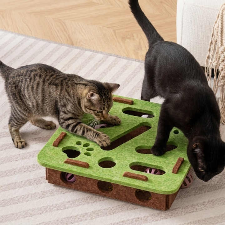deux chats jouant ensemble avec leur jouet pour chat