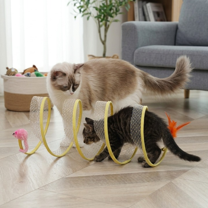 chat ragdoll et chaton jouant avec leur jouet pour chat