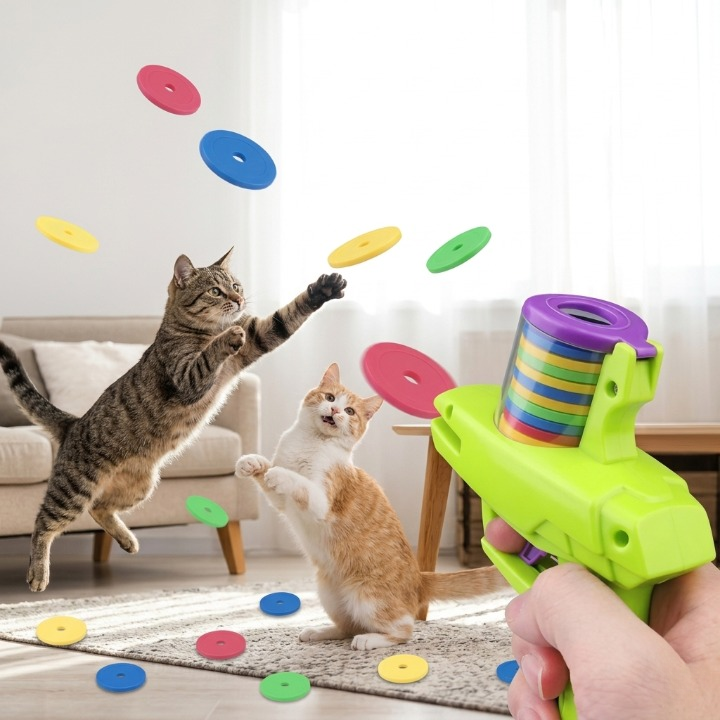 deux chats sautant pour attraper des disques multicolores jouets pour les chats