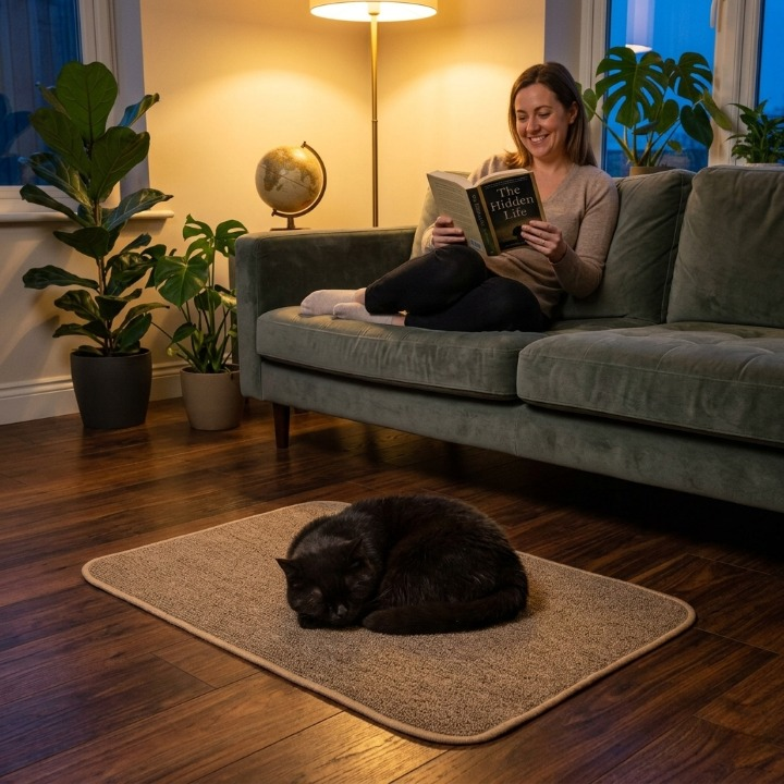 femme avec chat noir endormi sur son tapis griffoir pour chat