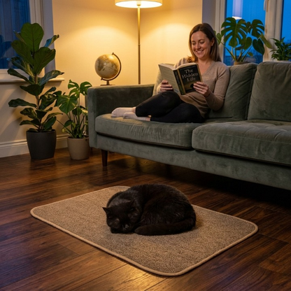 femme avec chat noir endormi sur son tapis griffoir pour chat