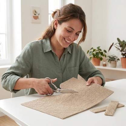 femme qui découpe tapis griffoir pour chat sur mesure
