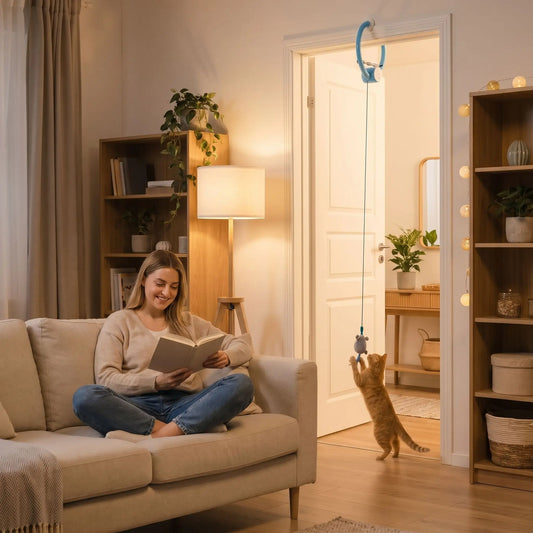 femme qui lit sur un canapé pendant que son chat joue seul avec son jouet interactif pour chat