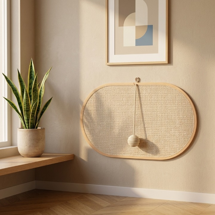 griffoir à chat dans un salon scandinave avec une plante
