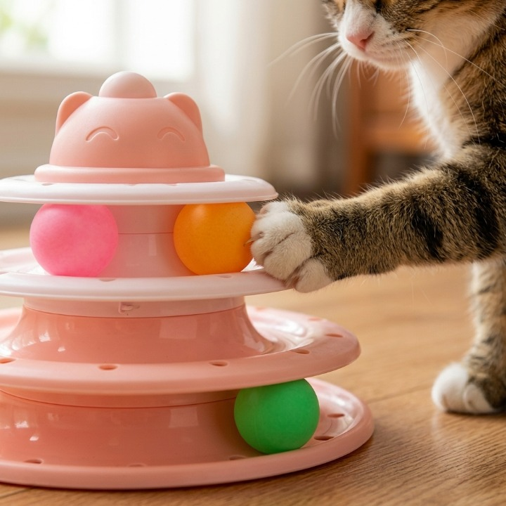 gros plan du chat frappant sa balle tour rose jouets pour chats