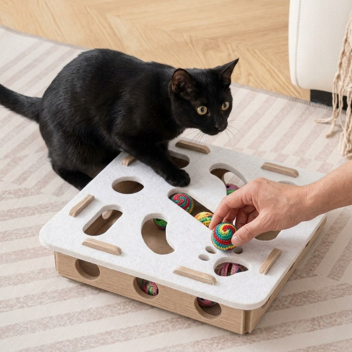 main humaine et chat noir curieux devant leur jouet pour chat