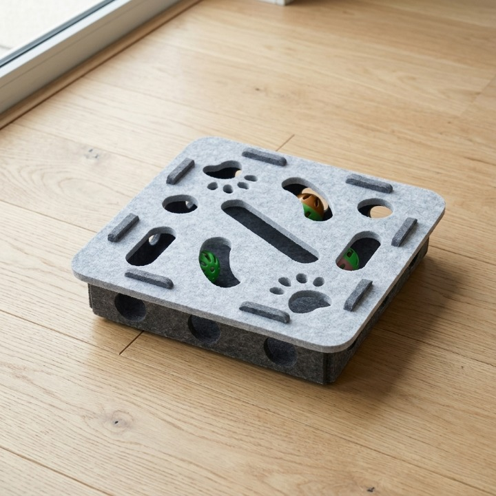 puzzle gris seul sur parquet jouet pour chat